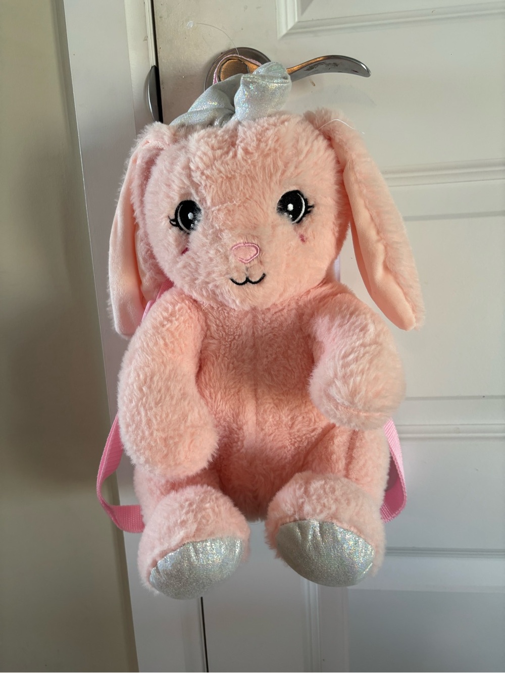 Plush Pink Bunny Backpack with Shimmery Silver Accents - Cute Kids Bag